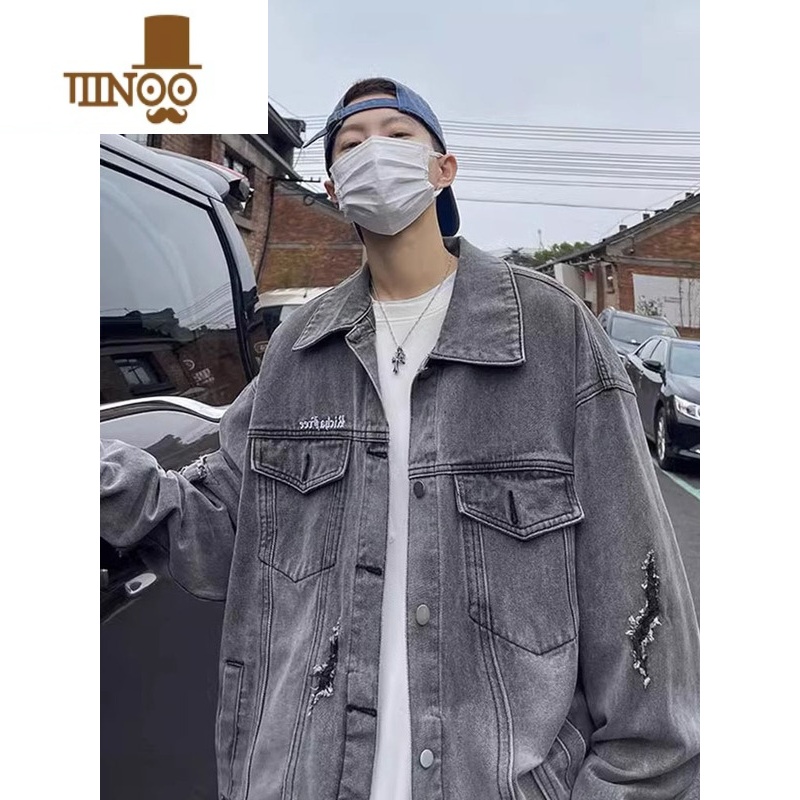 YANXU黄泥染牛仔外套男秋季美式高街潮牌复古上衣oversize毛边vibe夹克高清大图