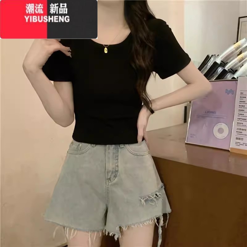 YIBUSHENG圆领正肩粉色t恤女短袖季美式修身短款高腰辣妹纯欲体恤上衣体 M建议90-105斤 黑色纯棉优质版