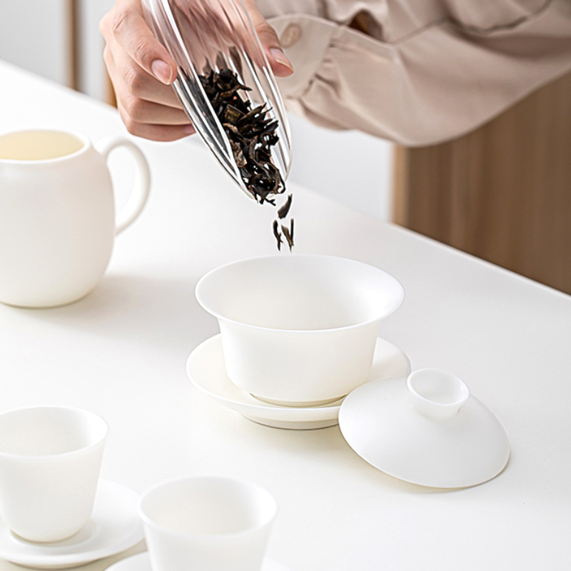 苏氏陶瓷(SUSHI CERAMICS)素烧羊脂玉功夫茶具套装三才盖碗带茶杯洗杯垫德化白瓷大套礼盒装