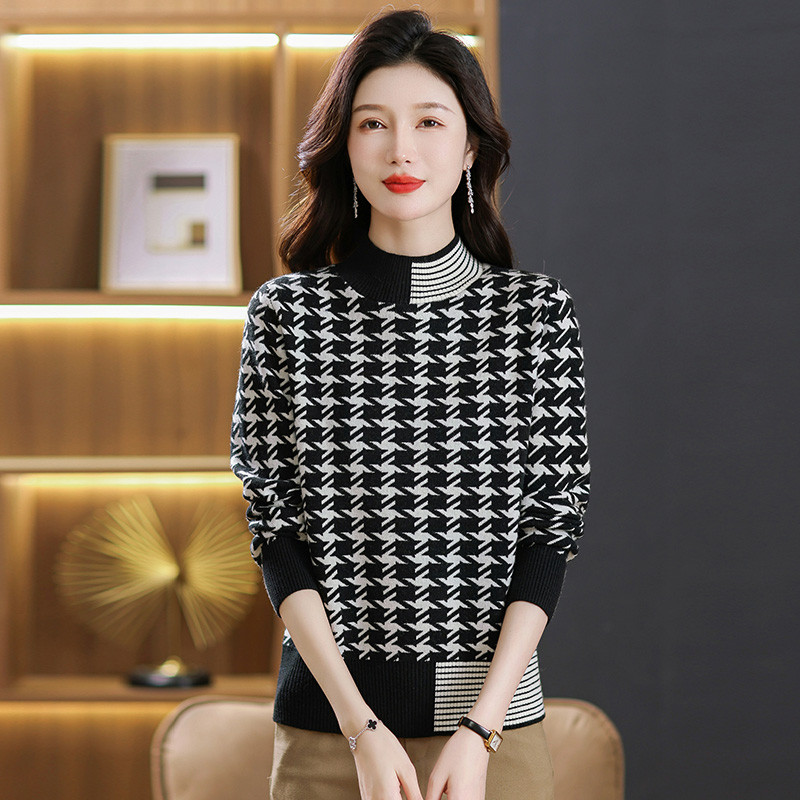 2024春秋新款半高领双股羊绒衫女半高领100%纯山羊绒毛衣印花针织衫宽松慵懒毛衣套头女装上衣针织打底衫加厚外搭毛衣女高清大图