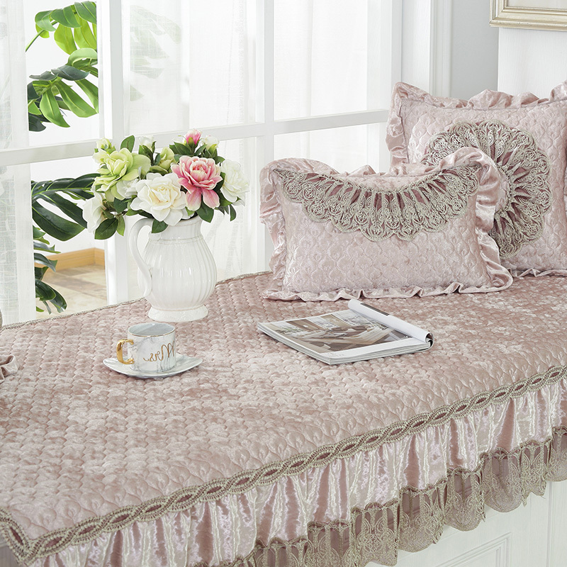 汐岩飘窗垫欧式窗台垫卧室落地飘窗垫四季通用阳台垫榻榻米垫飘窗装饰 香槟粉--虞美人(90宽+20裙摆)*160cm长