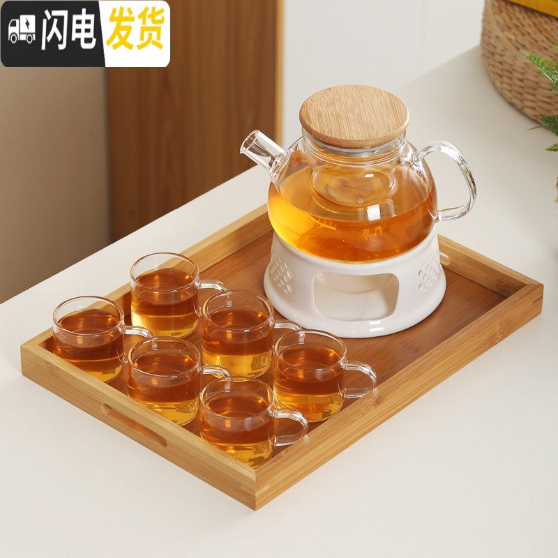 三维工匠日式耐热透明玻璃花茶壶煮水果茶套装家用茶杯蜡烛煮茶炉下午茶具 1滤嘴壶(竹盖)+6直筒杯+托盘A