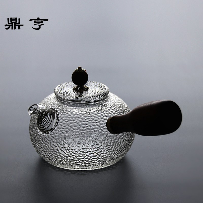 鼎亨日式耐热实木侧把锤纹玻璃煮茶壶加厚透明耐高温花茶壶泡茶壶