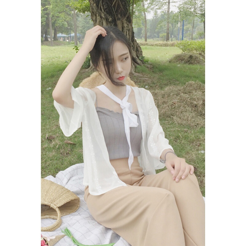 防晒衣女2018夏季短款柔美雪纺开衫透气韩版空衫外套805开衫+灰色小背心均码