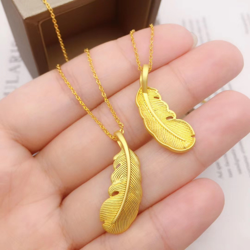 时尚仿真越南沙金项链女 24K镀金羽毛吊坠细项链假黄金首饰不掉色