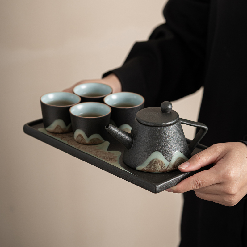 苏氏陶瓷 SUSHI CERAMICS 手绘彩画整套茶具山形画茶壶茶杯子配干泡茶盘小茶叶罐7件功夫茶具套装礼盒装