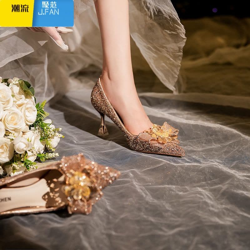 聚范婚鞋不累脚高级感礼服伴娘鞋仙女风法式水晶高跟单鞋胖脚宽脚女鞋图片