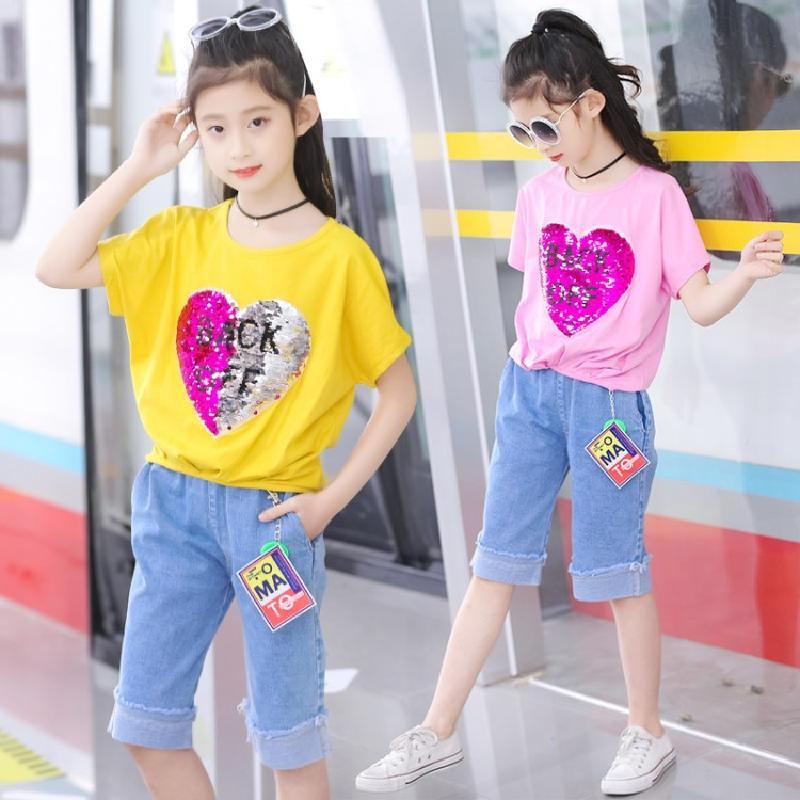 抖音变色衣服爱心翻转亮片女童t恤儿童夏季大童短袖学生双面