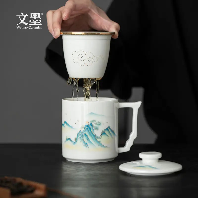 文墨千里江山祥云柄描金杯皮盒装 WMBGB07高清大图