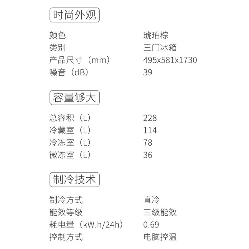 创维冰箱 228L容量冰箱 琥珀宗