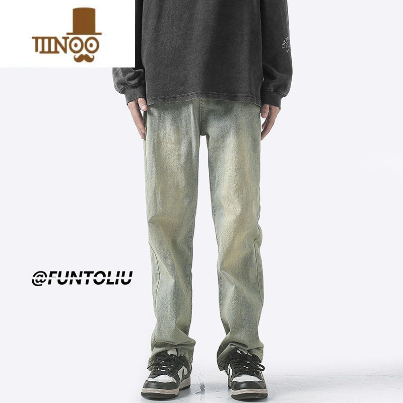 YANXU美式复古高街黄泥牛仔裤男夏季vibe潮牌水洗做旧宽松直筒街牛b式高清大图