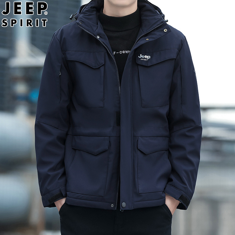 JEEPSPIRIT秋冬新款男士休闲时尚棉服潮流运动加绒加厚连帽_28 M 深蓝色