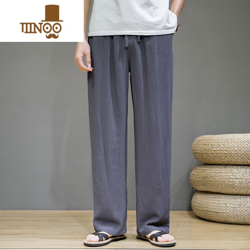 YANXU棉麻休闲裤男中国风夏季薄款宽松直筒阔腿裤亚麻透气休闲日系长裤高清大图