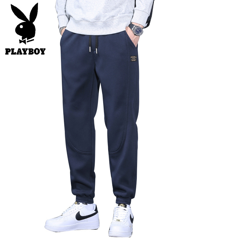 花花公子新款高品质秋冬休闲加绒卫裤男潮牌宽松运动哈伦工装裤子_487高清大图