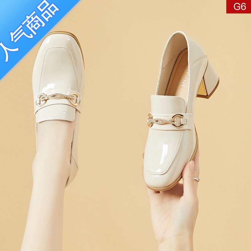 SUNTEK白色乐福鞋女鞋粗跟夏季2023年新款女士春款单鞋高跟鞋漆皮小皮鞋高清大图