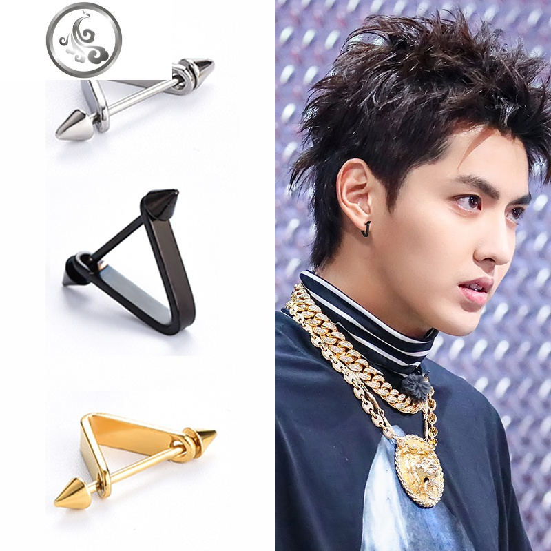 韩版潮人耳钉男士个性耳环朋克三角大耳圈钛钢简约单只街头耳扣女