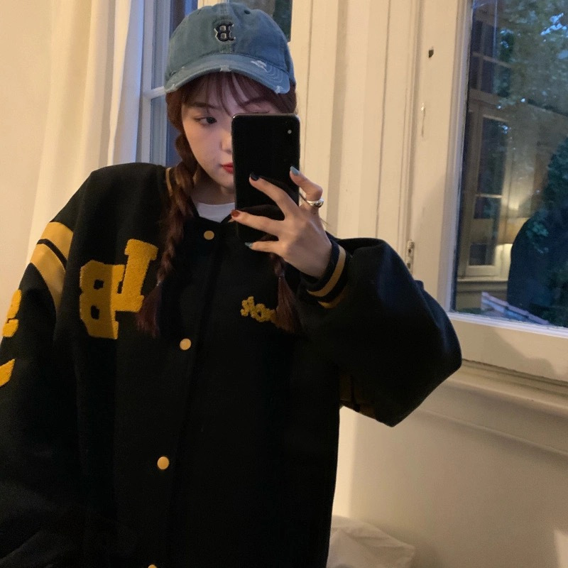 洛恋加厚棒球服女2021年秋冬新款韩版宽松美式复古夹克毛呢外套