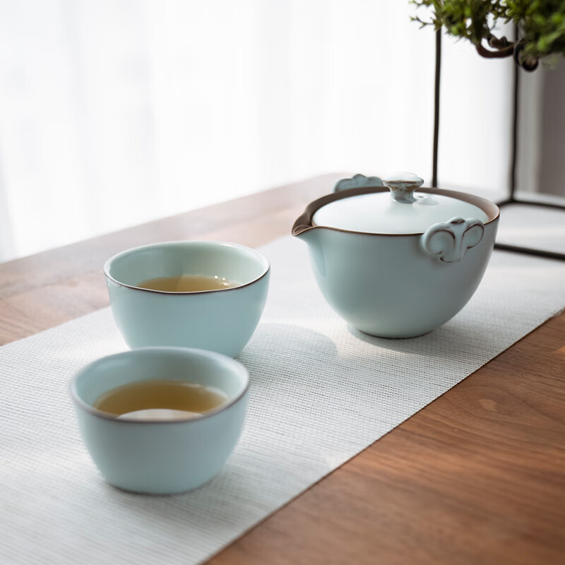 万仟堂(EDENUS) 旅行茶具 快客杯 陶瓷功夫茶具 带便携包 称心如意·易泡壶 粉青釉 一壶2杯 140cc/套高清大图