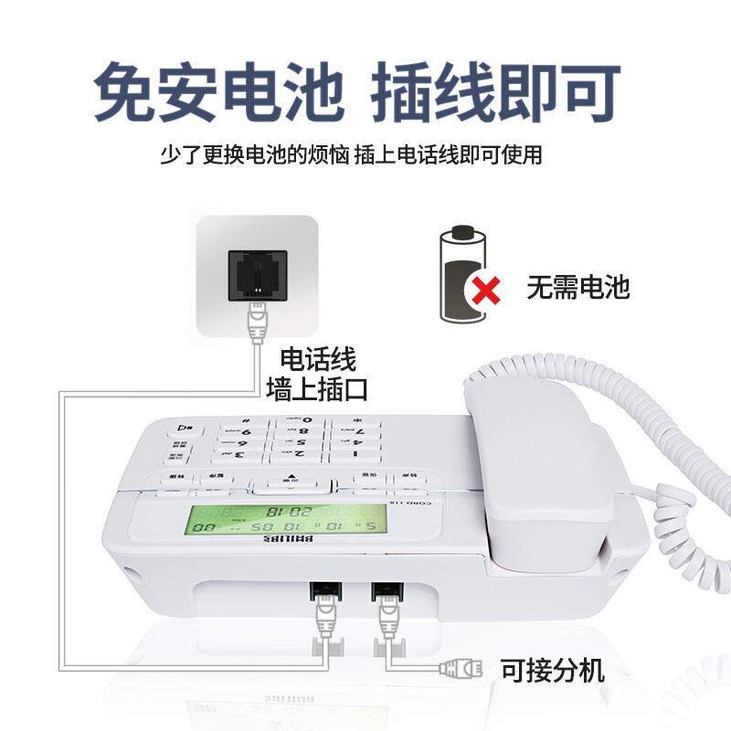 飞利浦(PHILIPS)电话机座机 固定电话 办公家用 免电池设计 来电显示 CORD118 (白色)