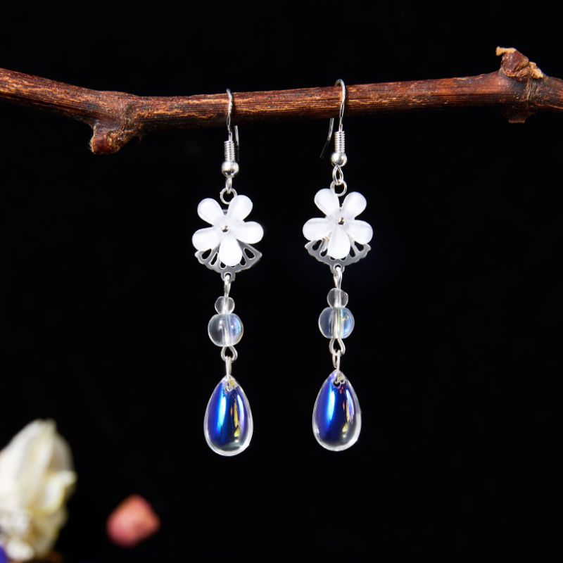 古风耳环灵动蝴蝶耳坠女汉服配饰耳夹无耳洞学生复古耳环长款落晴白