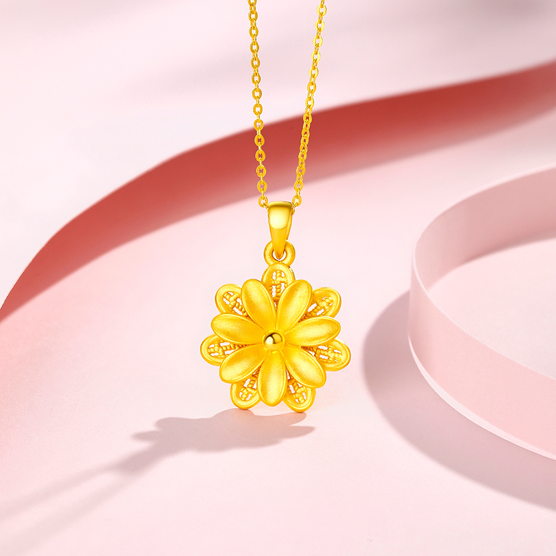 梦金园小雏菊黄金挂坠小清新花朵足金吊坠硬金显大女生日礼物