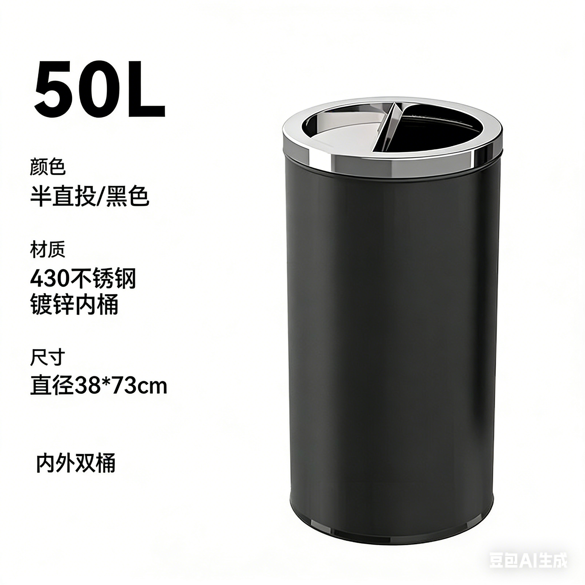田园思 圆形摇盖不锈钢垃圾桶 50L 个高清大图