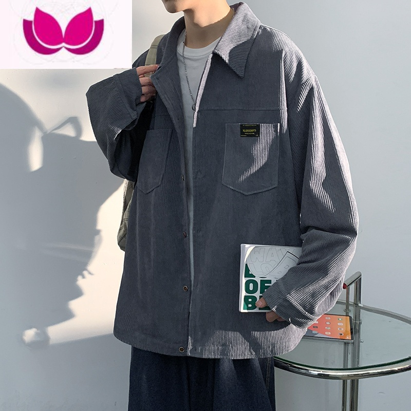 七斓港风灯芯绒长袖衬衫男新款大码日系衬衣外套潮牌休闲上衣服