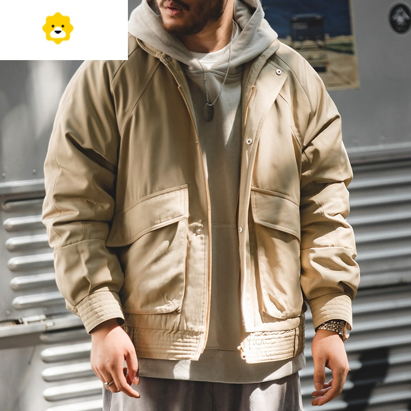 fish basket工装美式复古加厚夹克飞行员翻领棉衣口袋外套p暖棉衣服男