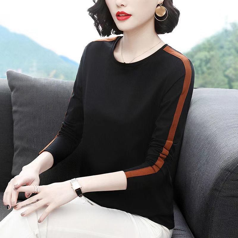艳如飞中年妈妈装棉长袖t恤女2020秋季新款拼色宽松显瘦色上衣秋衣T恤