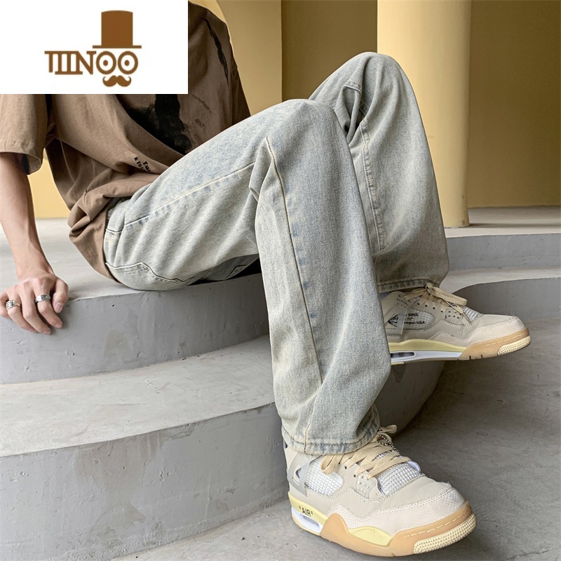 YANXU夏季美式黄泥微喇牛仔裤水洗窄版复古做旧高街直筒男款hipho洗牛裤高清大图