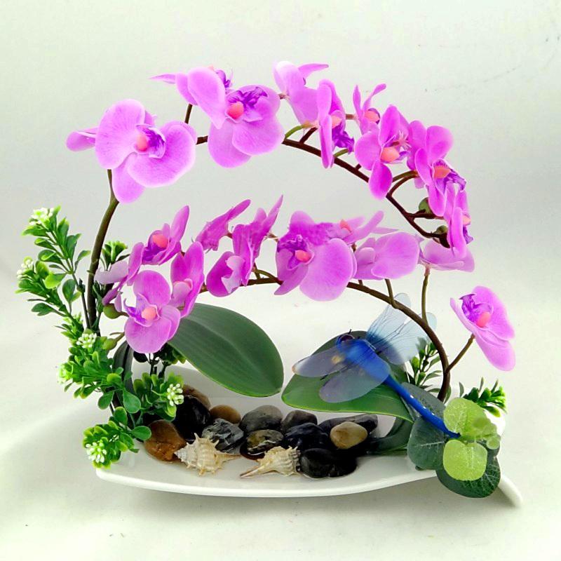客厅桌面装饰品盆栽摆设蝴蝶兰花艺装饰花套装绢花-白色
