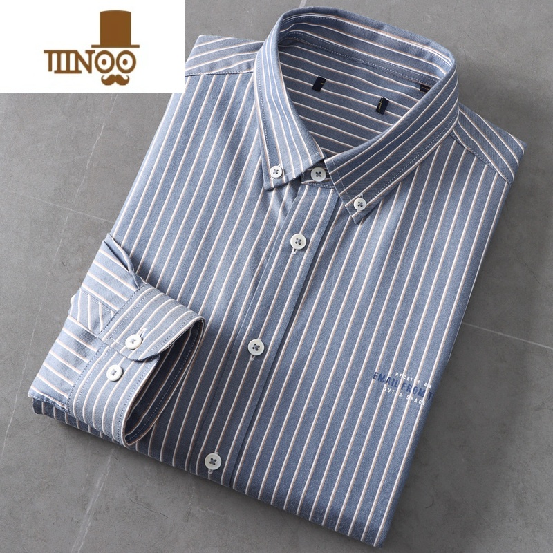 YANXU100棉 牛津纺长袖衬衣外套男百搭休闲打底竖条纹衬衫