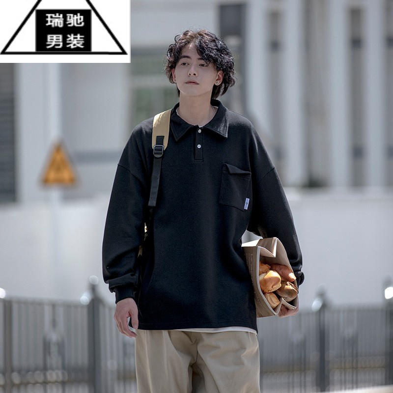 希杰狮王美式西海岸polo衫长袖正肩翻领卫衣男潮ins春秋日系复古外套