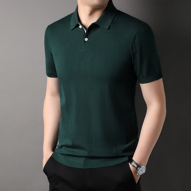 夏季新款男士翻领纯色桑蚕丝短袖t恤休闲亚麻男装棉质半袖polo衫高清大图