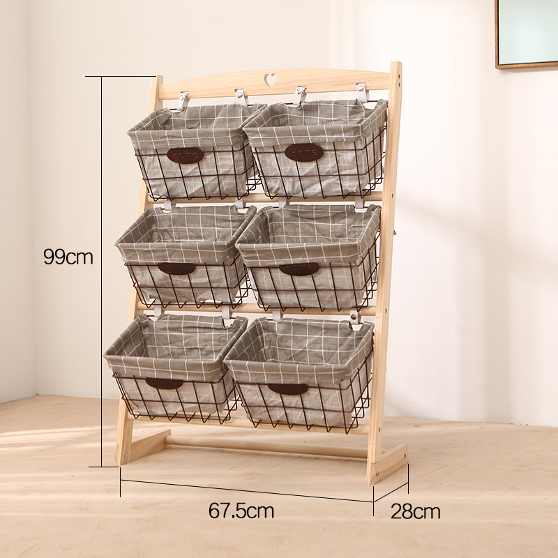 森美人客厅置物架实木玩具收纳架创意书报架落地多层书架铁艺储物架家用 三层-双排-灰格筐