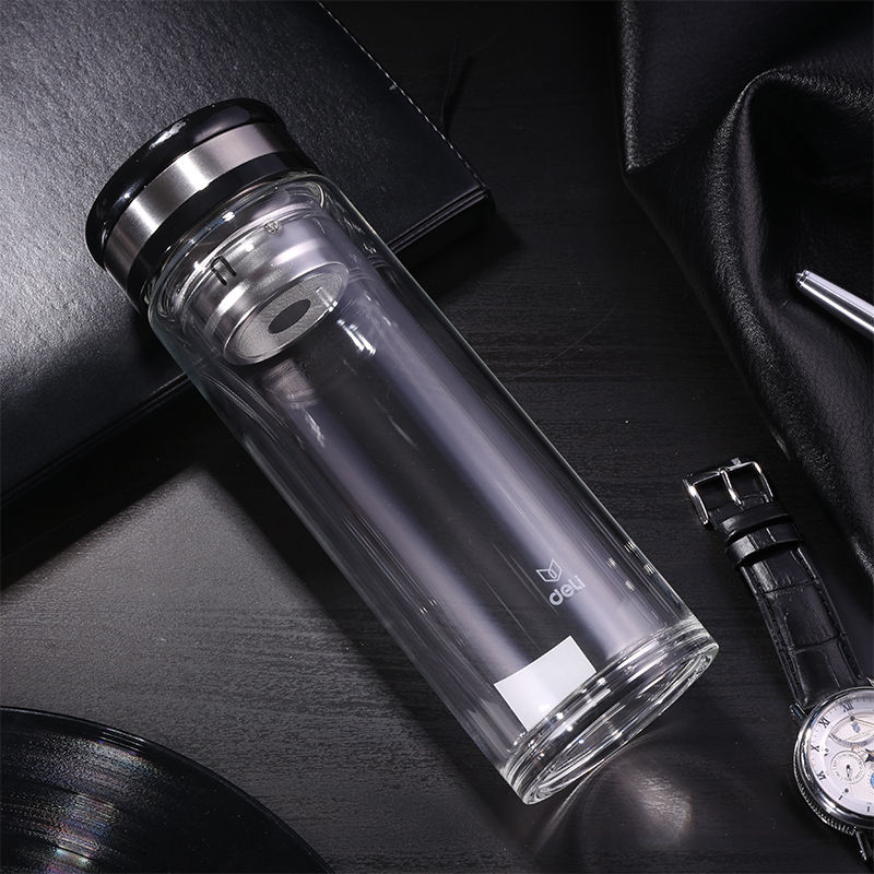 得力玻璃杯双层隔热过滤隔网过滤便携商务水杯送礼茶杯400ml