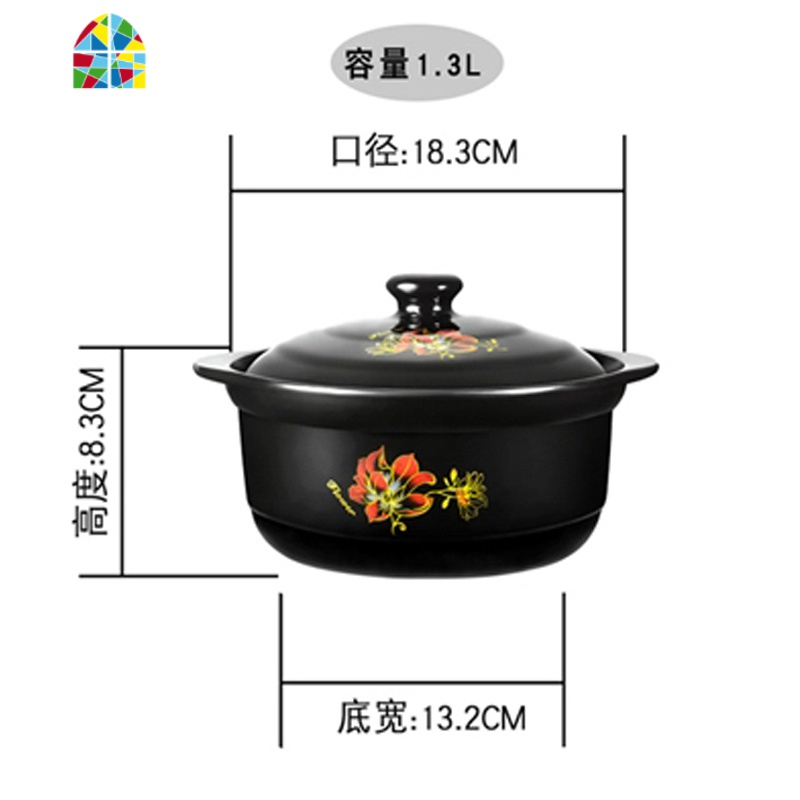 平锅砂锅炖锅陶瓷汤煲明火可高温煲汤锅耐热土锅石锅煮粥炖汤 FENGHOU J黑色红花1.3升高清大图