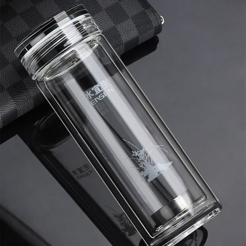 水宜生 520ML双层口杯 玻璃杯 男车载弱碱性水杯 办公室商务泡茶杯 G762 兰草高清大图