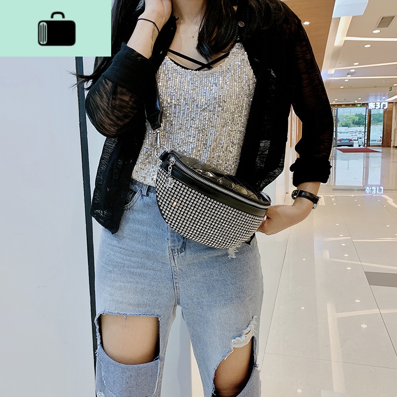斜挎胸包女潮ins个性街头质感包包洋气镶钻石时尚女包NEW LAKE 黑色钻石高清大图