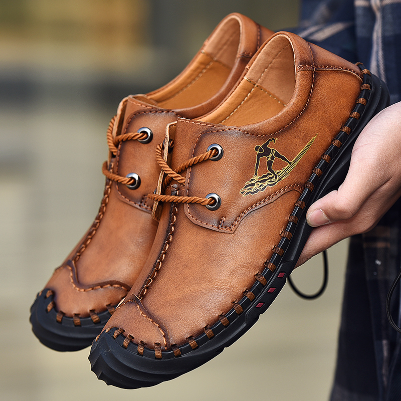 秋冬新款休闲皮鞋户外手工真皮男鞋软底防滑时尚鞋系带大码男士牛皮鞋