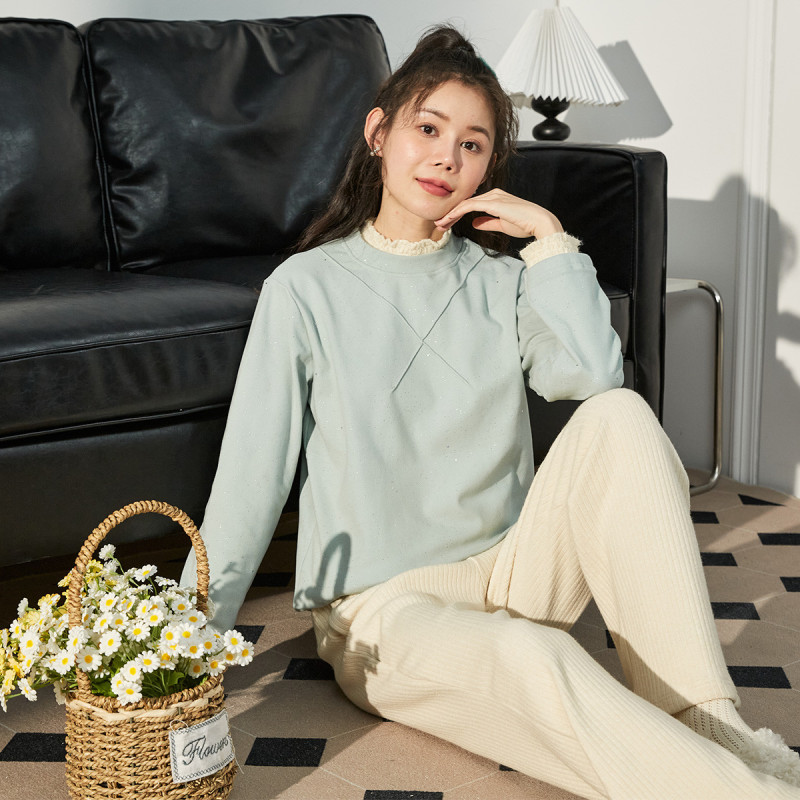 唐狮秋季打底衫女蕾丝花边领拼接长袖针织上衣保暖百搭