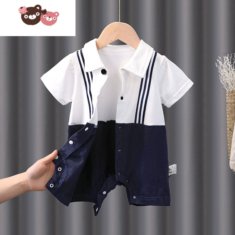 绿彩虹光婴儿连体衣夏装网红周岁男宝宝短袖夏季薄款衣服爬服洋气哈衣