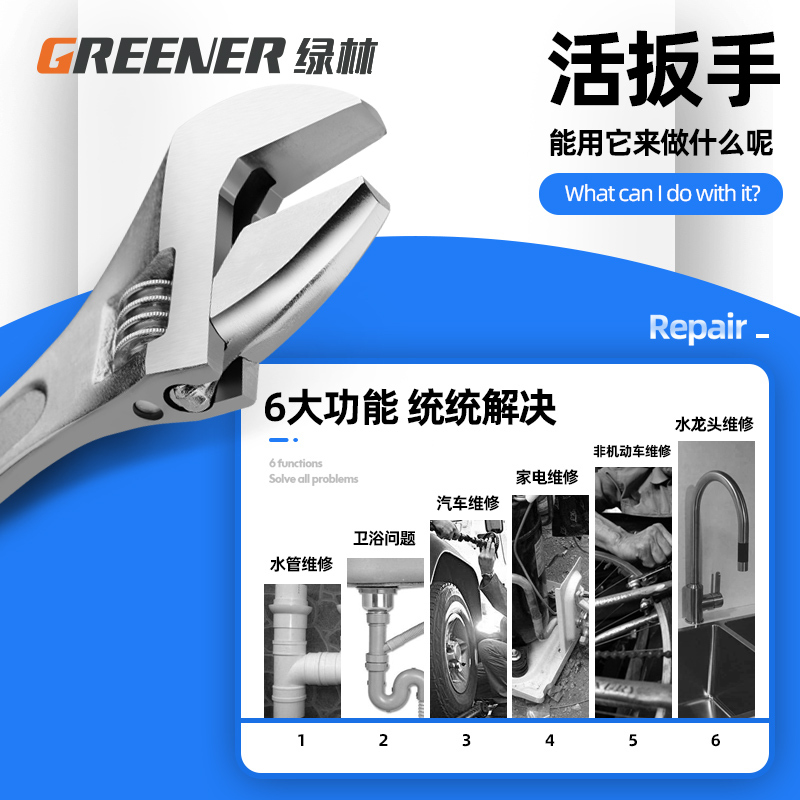 绿林greener活动扳手12寸套装工具万能活口扳手大开口多功能卫浴活络