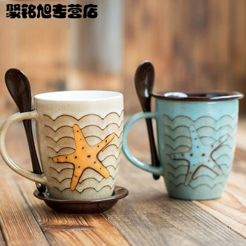 350ML时尚创意生活日用水具水杯 个性海星陶瓷水杯咖啡杯创意鱼纹马克杯子牛奶杯带盖家居器皿生活日用家庭陶瓷杯子