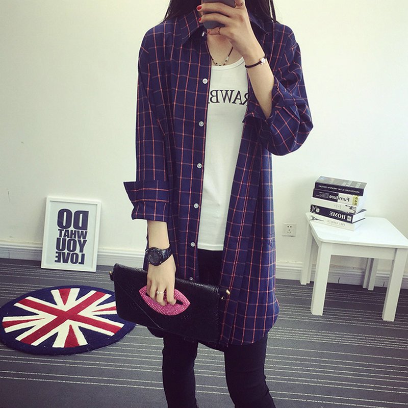 春装2018韩版宽松衬衣女中长款格子条纹衬衫女学生外套潮