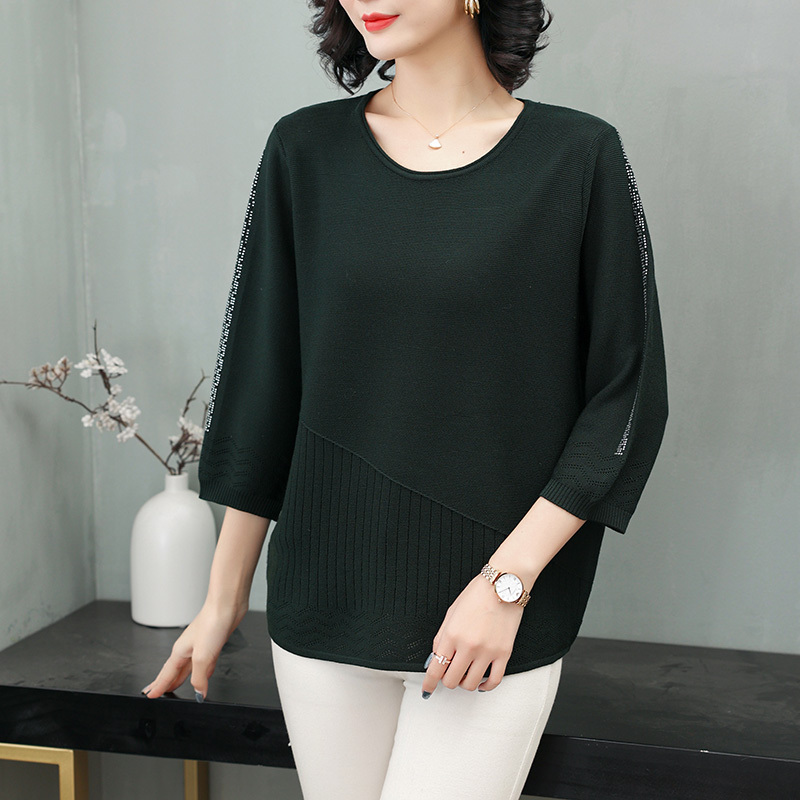 恋名媛墨绿色上衣女中年妈妈七分袖t恤夏款中袖宽松体恤大码冰丝针织