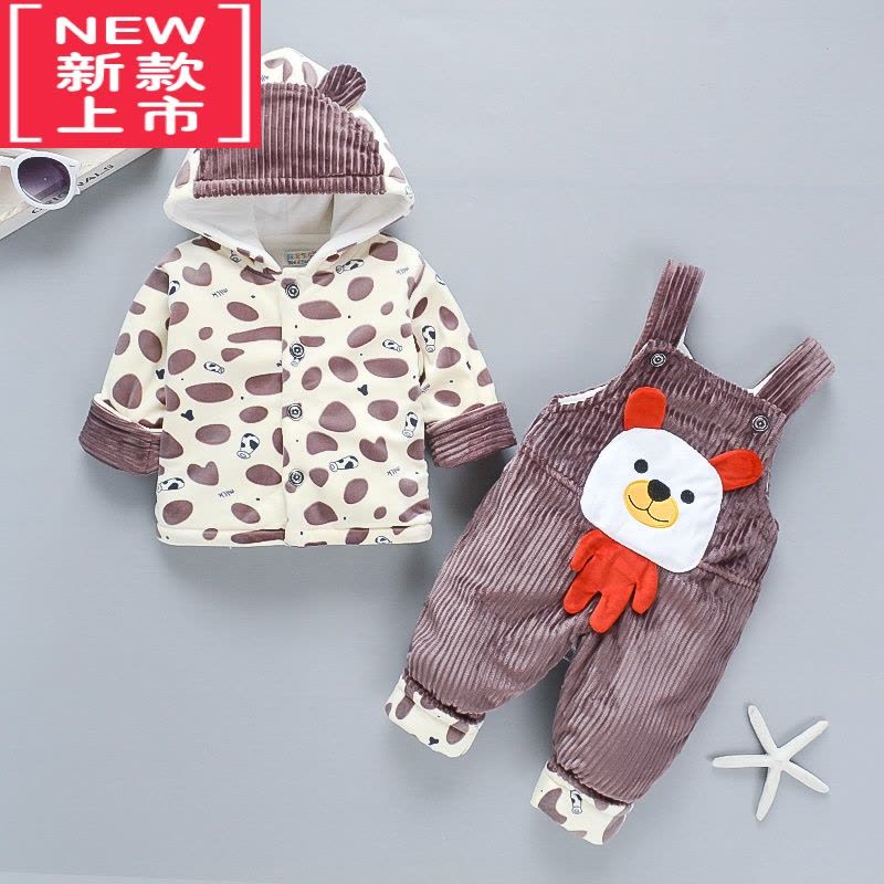 可莉允宝宝秋冬套装加厚0-1-2周岁婴儿秋冬外出服灯芯绒背带裤两件套棉服图片