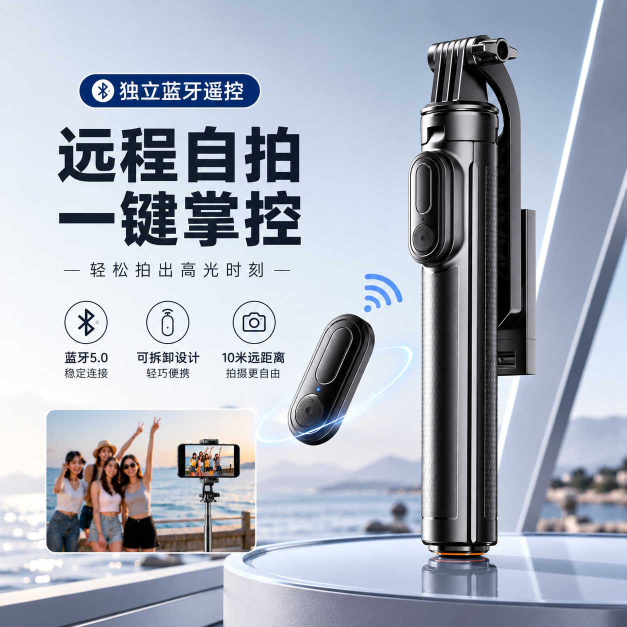 克维杰 360度四轴万向旋转防抖自拍杆 黑色140CM GK11高清大图