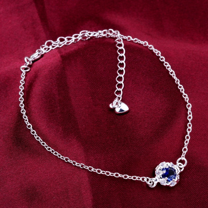 A033 Women Jewelry Silver Anklet 镀银饰品水晶蓝锆石脚链女潮送女朋友七夕情人节礼物