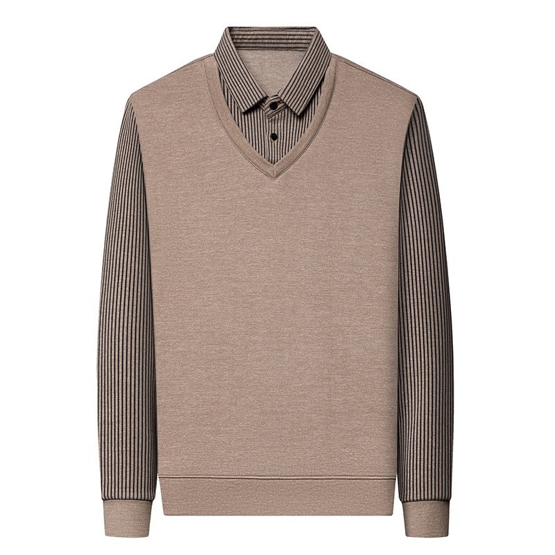 秋冬季新款羊毛桑蚕丝假两件男士爸爸装休闲保暖德绒打底衫男高清大图